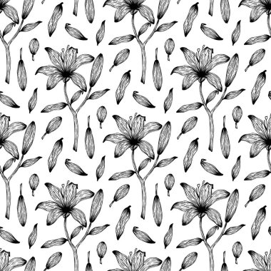 Zambak çiçeğinin kusursuz deseni, yapraklar, dallar. Dekoratif çiçek koleksiyonu taslağı. Tebrik kartı, duvar kağıdı, ambalaj kağıdı ve kumaş için botanik el çizimi vektör çizimi