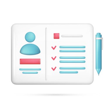 Gerçekçi 3D kağıt kişisel belge, kullanıcı simgesi, kalem. Parlak 3D karikatür kontrat yönetimi, iş arama başvurusu, insan kaynakları sembolü, işe alım, özgeçmiş. Vektör illüstrasyonu beyaz arkaplanda izole edildi