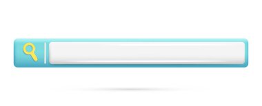 Gerçekçi 3D mavi-beyaz arama çubuğu, büyüteç simgesi. Ağ, internet tarayıcısı ve adres şablonu için parıltılı 3d gezinme kutusu. Vektör illüstrasyonu beyaz arkaplanda izole edildi
