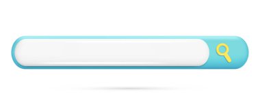 Gerçekçi 3D mavi-beyaz arama çubuğu, büyüteç simgesi. Ağ, internet tarayıcısı ve adres şablonu için parıltılı 3d gezinme kutusu. Vektör illüstrasyonu beyaz arkaplanda izole edildi