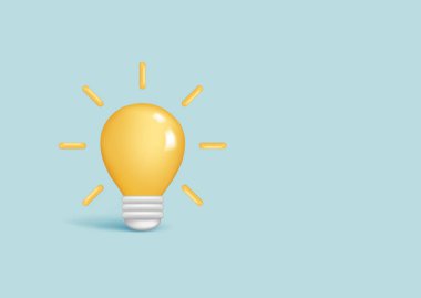 Gerçekçi 3D altın parıltılı ampul ve ışık huzmeleri. Çizgi film 3D cam ampul, iş başarısı konsepti, yaratıcılık fikri sembolü, düşünme ikonu. Mavi arkaplanda vektör illüstrasyonu