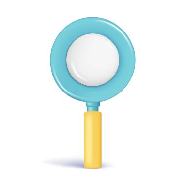 Gerçekçi 3D parlak arama simgesi, silindir arama. Dekoratif karikatür büyüteç 3 boyutlu element, araştırma ikonu, büyüteç sembolü. Beyaz arkaplanda izole edilmiş soyut vektör çizimi