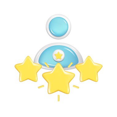 Altın yıldızlı gerçekçi 3D kişi. Müşteri 3d kalite değerlendirmeleri, kullanıcı derecelendirme elemanı, müşteri geri bildirim puanı sembolü, memnuniyet simgesi. Vektör illüstrasyonu beyaz arkaplanda izole edildi