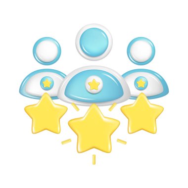 Altın yıldızlı gerçekçi 3D insanlar grubu. Müşteri 3d kalite değerlendirmeleri, kullanıcı derecelendirme elemanı, müşteri geri bildirim puanı sembolü, memnuniyet simgesi. Vektör illüstrasyonu beyaz arkaplanda izole edildi