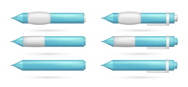 一套现实的3D蓝色光洁笔 机械圆珠笔 卡通3D文具属性 教育观念 绘画符号 书写图标 在白色背景上孤立的向量图 — 图库矢量图片