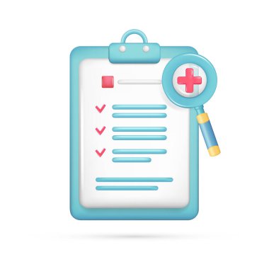 Gerçekçi 3D pano, kişisel belge, büyüteç. Veritabanındaki parlak 3D arama dosyası, pazarlama, analiz, kontrol listesi, artı simge ekle. Vektör illüstrasyonu beyaz arkaplanda izole edildi