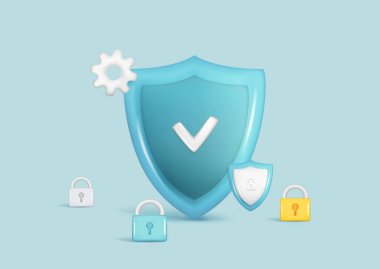 İşaretli ve asma kilitli 3D gerçekçi güvenlik simgesi seti. Müşteri 3D karikatür koruma sembolü, kalite korumalı kalkan amblemi. Mavi arkaplanda vektör illüstrasyonu