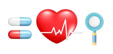 Gerçekçi 3D kalp, nabız çizgisi, kapsül hapı, büyüteç. Acil hastane konsültasyonu, kardiyo işareti, teşhis sağlığı, sağlık konsepti. Vektör illüstrasyonu beyaz arkaplanda izole edildi