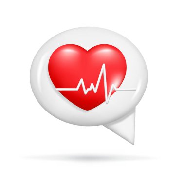 Gerçekçi 3 boyutlu konuşma balonu, kırmızı kalp, nabız çizgisi, kalp atışı. 3D kardiyogram, kardiyo işareti, teşhis sağlığı, nabız atışı ölçümü, sağlık sigortası. Vektör illüstrasyonu beyaz arkaplanda izole edildi