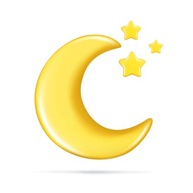 Yıldızlı gerçekçi 3D sarı parlak ay. Dekoratif üç boyutlu yarım aylık sembol, hilal simgesi, tatlı rüya karikatürü öğesi. Soyut vektör çizimi beyaz arkaplanda izole edildi
