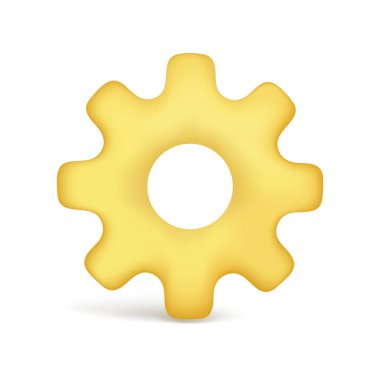 Gerçekçi 3D sarı parlak ayarlar simgesi. Çizgi film 3D dişli, iş konseptini optimize etmek, tamir sembolü, teknik servis veya destek ikonu. Vektör illüstrasyonu beyaz arkaplanda izole edildi