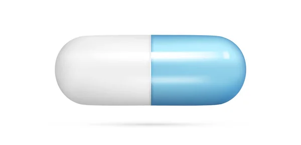 現実的な3D光沢のあるカプセルの丸薬 カートゥーン3Dシリンダーブルーとホワイトタブレットアイコン 製薬カプセル 錠剤アイコン ヘルスケアのコンセプト 白い背景に隔離されたベクトルイラスト — ストックベクタ
