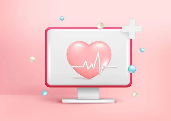 Realistisk Datorskärm Hjärta Pulslinje Hjärtslag Tecken Kardiogram Kardiotecken Diagnostisk Hälsa — Stock vektor