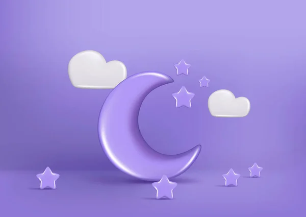 Realista Azul Brilhante Lua Com Estrelas Nuvens Brancas Decorativo Símbolo — Vetor de Stock