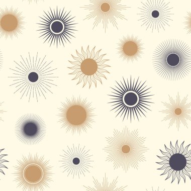 El çizimi, Güneş 'in kusursuz deseni, güneş patlaması, yıldız patlaması, ışık ışınları, patlayan güneş ışınları. Sihirli tılsım, antika tarzı, boho. Tebrik kartı, duvar kağıdı, ambalaj kağıdı, kumaş için vektör illüstrasyonu