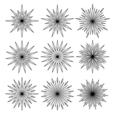 Güneş ve yıldızların el çizimi seti. Güneş ışınlarını patlatan sihirli bohem sembolü. Mistik ilahi çember tılsımı, antika tarzı, boho, dövme, logo. Beyaz arkaplanda izole edilmiş vektör çizimi