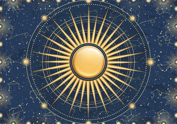 Ручная Карта Золотое Солнце Солнечные Лучи Световые Лучи Звезды Созвездие — стоковый вектор