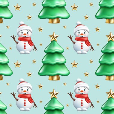 Gerçekçi 3D çizgi film yeşil Noel ağacı, sevimli kardan adam, altın yıldız. Kış bayramı sembolü. Tebrik kartı, duvar kağıdı, ambalaj kağıdı ve kumaş için Mutlu Yıllar vektör ilüstrasyonları