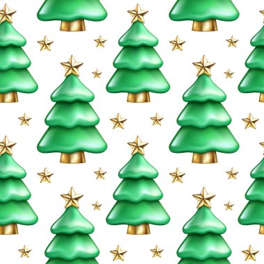 Gerçekçi 3D çizgi film yeşil Noel ağacının kusursuz deseni, altın yıldız. Dekoratif kış bayramı sembolü. Tebrik kartı, duvar kağıdı, ambalaj kağıdı ve kumaş için Mutlu Yıllar vektör ilüstrasyonları