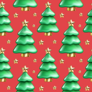 Gerçekçi 3D çizgi film yeşil Noel ağacının kusursuz deseni, altın yıldız. Dekoratif kış bayramı sembolü. Tebrik kartı, duvar kağıdı, ambalaj kağıdı ve kumaş için Mutlu Yıllar vektör ilüstrasyonları