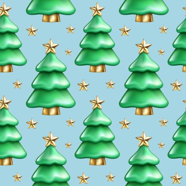 Gerçekçi 3D çizgi film yeşil Noel ağacının kusursuz deseni, altın yıldız. Dekoratif kış bayramı sembolü. Tebrik kartı, duvar kağıdı, ambalaj kağıdı ve kumaş için Mutlu Yıllar vektör ilüstrasyonları