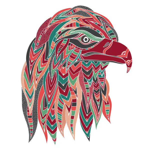 Hand drawn stylized colored eagle head. Abstract ethnic image with predatory bird, colorful patterns of feathers. Ornament logo, emblem, tattoo. Vector sketch illustration isolated on white background