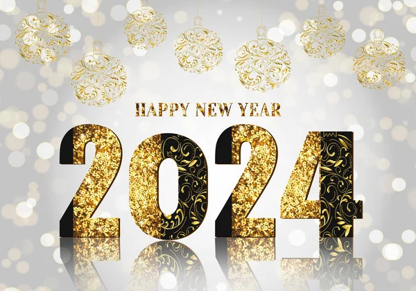 Luxe Decoratieve Happy New Year Illustratie Met Gouden Opengewerkte Kerstballen — Stockfoto