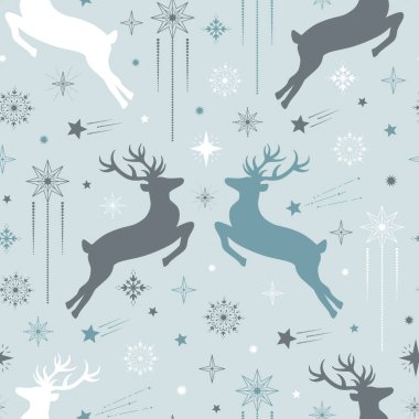 Dekoratif Noel geyiği, kar tanesi, yıldız deseni. El çizimi gösterişli tatil öğeleri. Tebrik kartı, duvar kağıdı, ambalaj kağıdı ve kumaş için Mutlu Yıllar vektör ilüstrasyonları