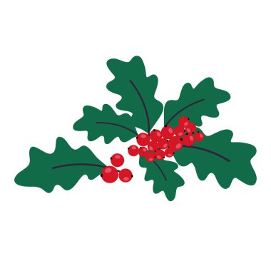 Yeşil yapraklı Noel çobanı, kırmızı böğürtlenli. Mutlu yıllar kutsal dut ikonu, kış tatilleri için çiçek unsurları, Noel sembolü. Beyaz arkaplanda elle çizilmiş vektör çizimi