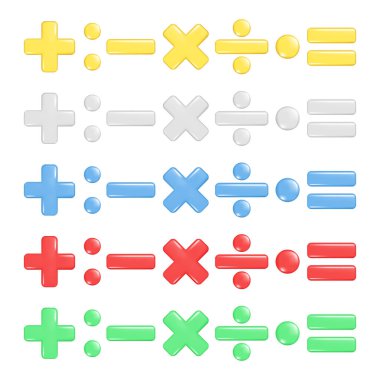 Gerçekçi 3D artı, eksi, çarpma, bölme ve eşit işaret. Dekoratif aritmetik üç boyutlu element, eğitim matematik ikonu, matematiksel sembol. Soyut vektör çizimi beyaz arkaplanda izole edildi