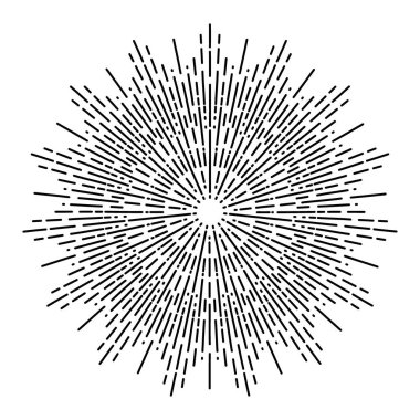 El çizimi güneş, güneş patlaması, yıldız patlaması, sanat eserlerinde ışık huzmeleri. Güneş ışınları püsküren bohem sembolü. Sihirli tılsım, antika tarzı, boho, dövme, logo. Vektör illüstrasyonu beyaz arkaplanda izole edildi