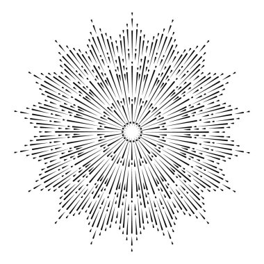 El çizimi güneş, güneş patlaması, yıldız patlaması, sanat eserlerinde ışık huzmeleri. Güneş ışınları püsküren bohem sembolü. Sihirli tılsım, antika tarzı, boho, dövme, logo. Vektör illüstrasyonu beyaz arkaplanda izole edildi