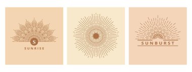 Güneş 'in el çizimi kartı, güneş patlaması, çizgi halinde ışık ışınları. Güneş ışınları püsküren bohem sembolü. Sihirli klasik koleksiyon, antika tarzı, boho, dövme, amblem, logo. Bej üzerine vektör çizimi