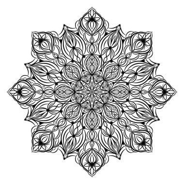 El çizimi süslü mandala desenleri, bukleleri, çiçekleri, yaprakları var. Boyama kitabı sayfası, süs, yetişkinler ve çocuklar için stres önleyici. Beyaz arkaplanda izole edilmiş vektör çizgisi çizimi