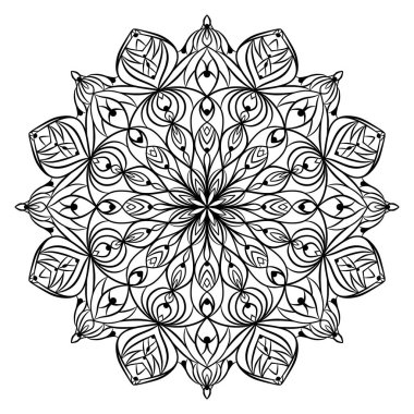 El çizimi süslü mandala desenleri, bukleleri, çiçekleri, yaprakları var. Boyama kitabı sayfası, süs, yetişkinler ve çocuklar için stres önleyici. Beyaz arkaplanda izole edilmiş vektör çizgisi çizimi