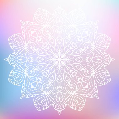 El çizimi beyaz çiçek desenli, bukleli, çiçekli, yapraklı mandala. Güzel, renkli, etnik bir süs. Pastel çok renkli arkaplan üzerindeki vektör çizgisi çizimi