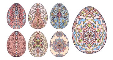 Renkli Paskalya yumurtalarının desenleri, bukleleri, çiçekleri. Çiçekli ve dekoratif süslemeli bir bahar Paskalya koleksiyonu. Beyaz arkaplanda izole edilmiş şirin vektör illüstrasyonu