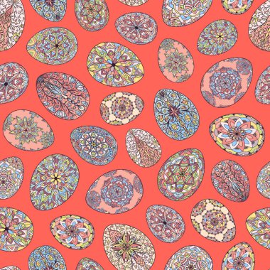 Renkli Paskalya yumurtalarının kusursuz deseni çiçek desenleri, mandala, bukleler, çiçekler. Paskalya 'da el çizimi bahar süsleri, tebrik kartı, duvar kağıdı, ambalaj kağıdı, kumaş, tekstil