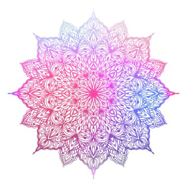 Çiçek desenli el yapımı mandala silueti. Dekoratif renkli mandala, çok renkli mozaik, etnik oryantal süs. Vektör illüstrasyonu beyaz arkaplanda izole edildi