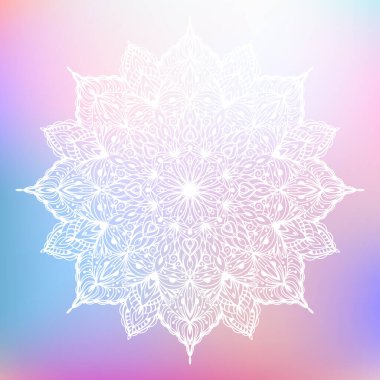 Çiçekli süs desenli beyaz mandalanın el çizimi silueti. Dekoratif mandala, renkli etnik doğu süsü. Vektör illüstrasyonu pastel çok renkli arkaplanda izole edildi