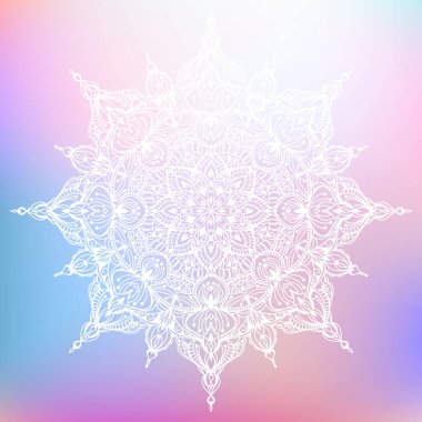 Çiçekli süs desenli beyaz mandalanın el çizimi silueti. Dekoratif mandala, renkli etnik doğu süsü. Vektör illüstrasyonu pastel çok renkli arkaplanda izole edildi