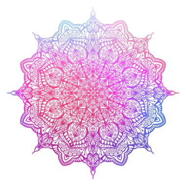 Çiçek desenli el yapımı mandala silueti. Dekoratif renkli mandala, çok renkli mozaik, etnik oryantal süs. Vektör illüstrasyonu beyaz arkaplanda izole edildi