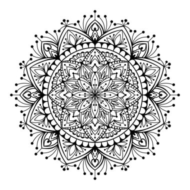 Çiçek desenli el yapımı mandala silueti. Dekoratif renklendirme sayfası, yetişkinler için stres önleyici, etnik oryantal süs, dövme. Vektör illüstrasyonu beyaz arkaplanda izole edildi