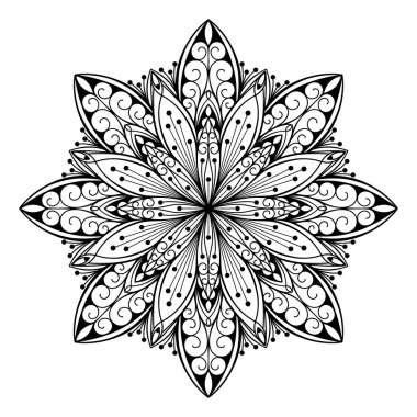 Çiçek desenli el yapımı mandala silueti. Dekoratif renklendirme sayfası, yetişkinler için stres önleyici, etnik oryantal süs, dövme. Vektör illüstrasyonu beyaz arkaplanda izole edildi