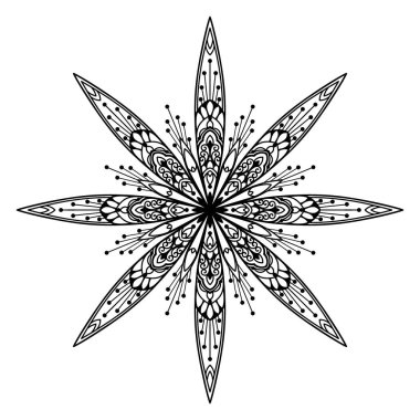 Çiçek desenli el yapımı mandala silueti. Dekoratif renklendirme sayfası, yetişkinler için stres önleyici, etnik oryantal süs, dövme. Vektör illüstrasyonu beyaz arkaplanda izole edildi