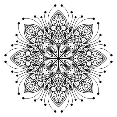 Çiçek desenli el yapımı mandala silueti. Dekoratif renklendirme sayfası, yetişkinler için stres önleyici, etnik oryantal süs, dövme. Vektör illüstrasyonu beyaz arkaplanda izole edildi