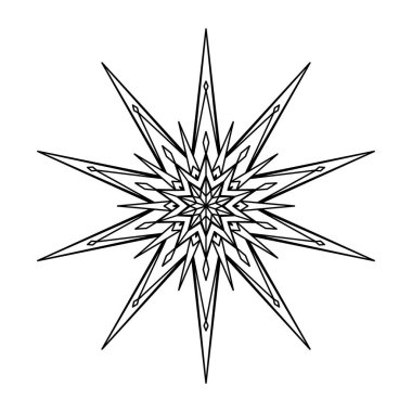 El çizimi yıldız silueti, güneş patlaması, ışık ışını. Güneş ışınları püsküren bohem sembolü. Sihirli tılsım, antika tarzı, boho, dövme, logo. Vektör illüstrasyonu beyaz arkaplanda izole edildi