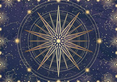 Altın yıldız kartı, güneş patlaması, ışık ışınları, güneş. Takımyıldız gökyüzü. Zodiac burç sembolü, astroloji tılsımı, ruhani işaret, mistik simge, amblem. Sihirli galaksi çizimi