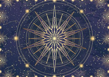 Altın yıldız kartı, güneş patlaması, ışık ışınları, güneş. Takımyıldız gökyüzü. Zodiac burç sembolü, astroloji tılsımı, ruhani işaret, mistik simge, amblem. Sihirli galaksi çizimi