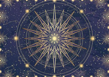 Altın yıldız kartı, güneş patlaması, ışık ışınları, güneş. Takımyıldız gökyüzü. Zodiac burç sembolü, astroloji tılsımı, ruhani işaret, mistik simge, amblem. Sihirli galaksi çizimi